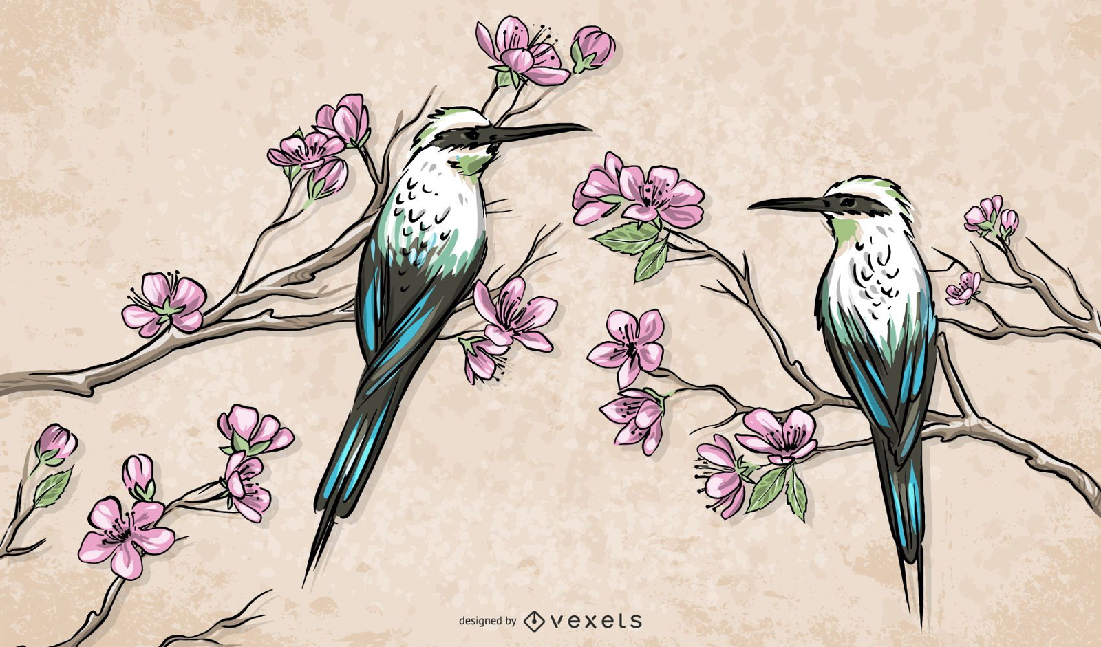 Pájaros chinos parados en la ilustración de ramas