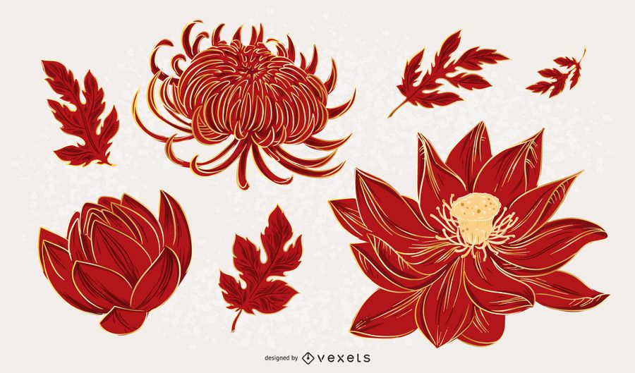 Conjunto De Design De Ilustração De Flor Chinesa Baixar Vector