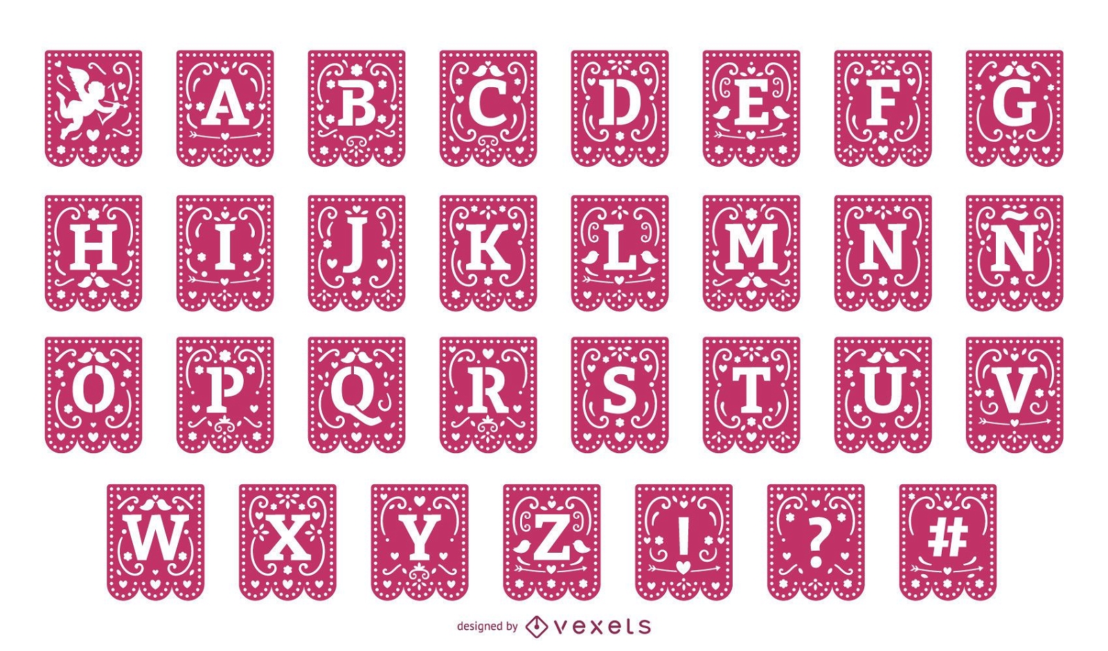 Conjunto de alfabeto de guirnalda de papercut de san valentín