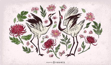 Crane birds floral illustration Crane birds floral illustration