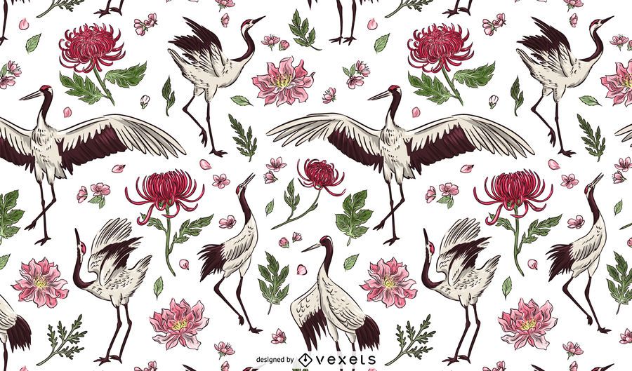 Desenho de padrão floral de pássaro guindaste Desenho de padrão floral de pássaro guindaste