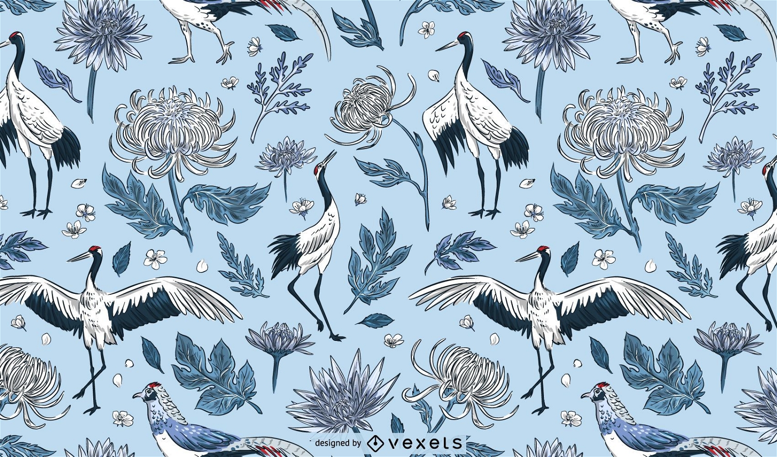 Crane birds flowers pattern design