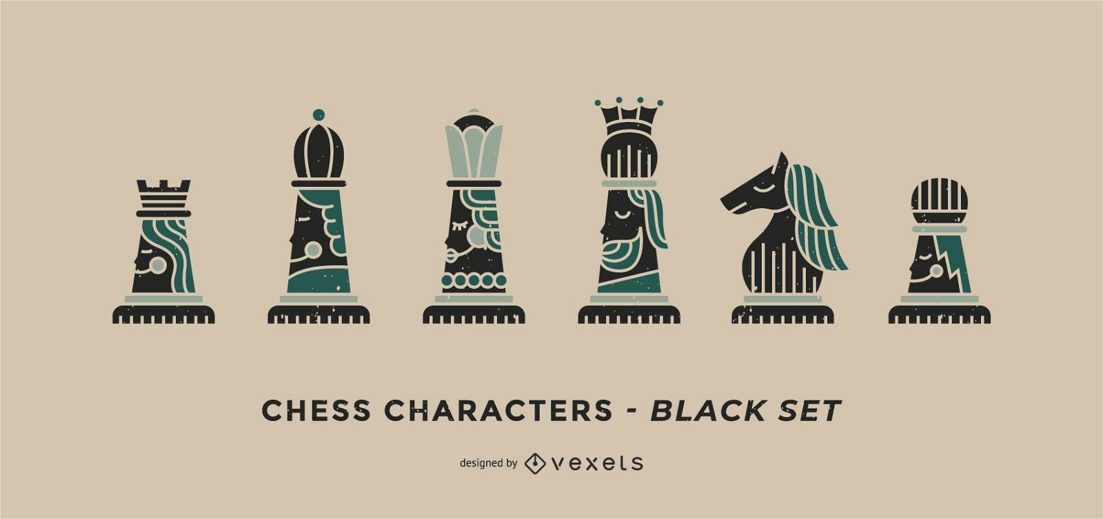 Conjunto preto de personagens de xadrez