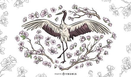 Beautiful Crane Floral Illustration