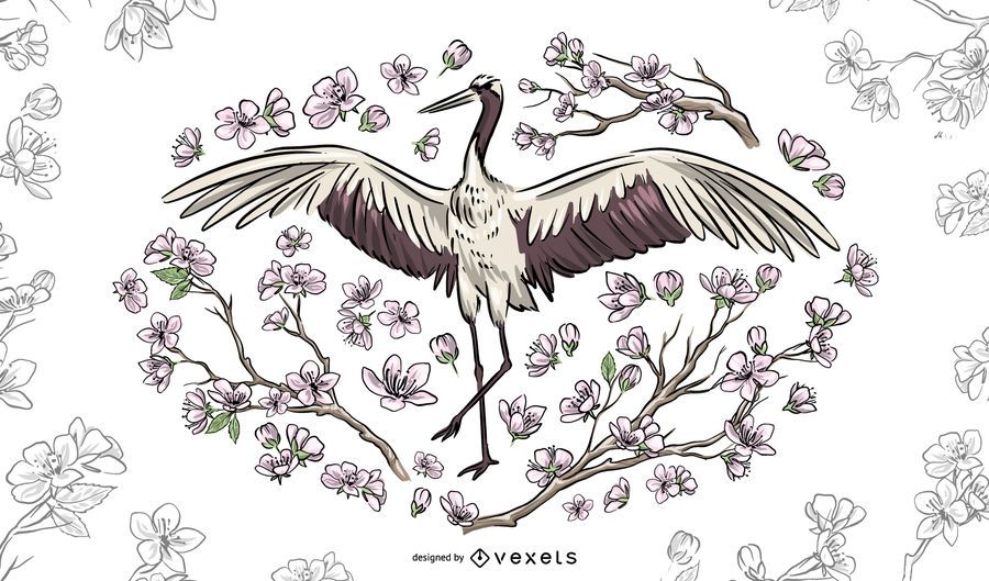Ilustración floral hermosa de la grúa Ilustración floral hermosa de la grúa