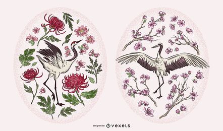 Crane Illustration Floral Set Crane Illustration Floral Set