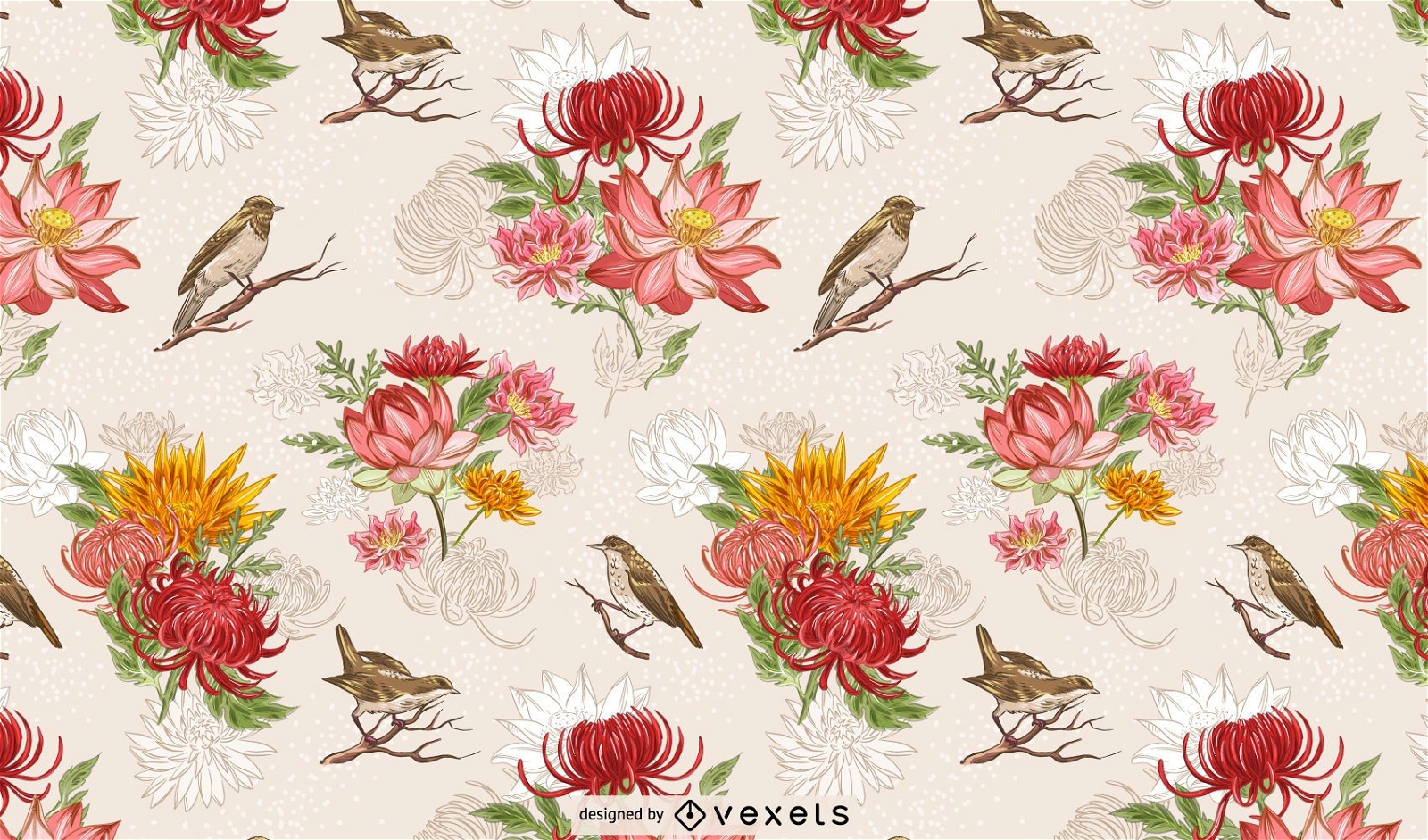 Chinese Birds and Flower Pattern Design
