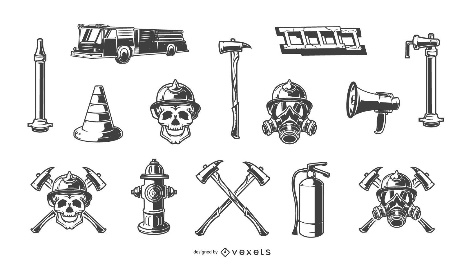 Conjunto de elementos dibujados a mano de bombero
