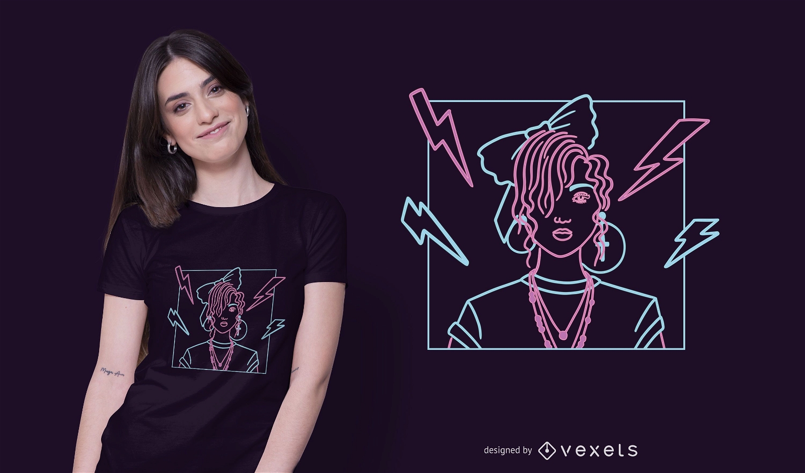 Design de camiseta feminina neon dos anos 80