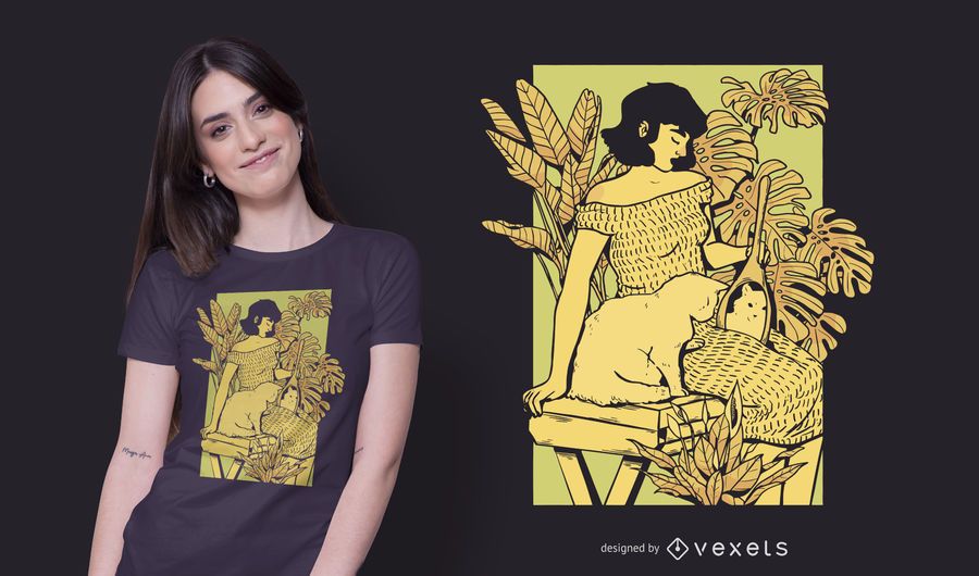 Design de t-shirt de menina e gato Design de t-shirt de menina e gato