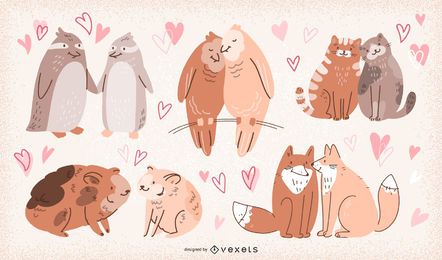 Valentinstag Tierpaare Illustration Set