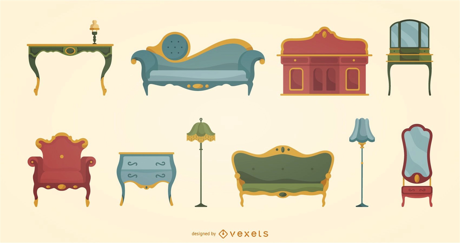 Conjunto plano de muebles victorianos