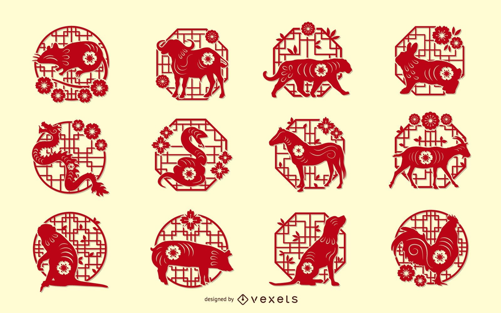 Conjunto de diseño de Papercut del zodiaco chino