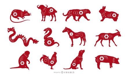 Conjunto de diseño de animales de Papercut del zodiaco chino
