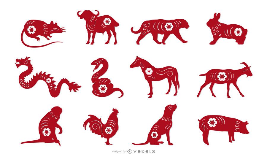 Conjunto de Design Animal Papercut do Zodíaco Chinês Conjunto de Design Animal Papercut do Zodíaco Chinês