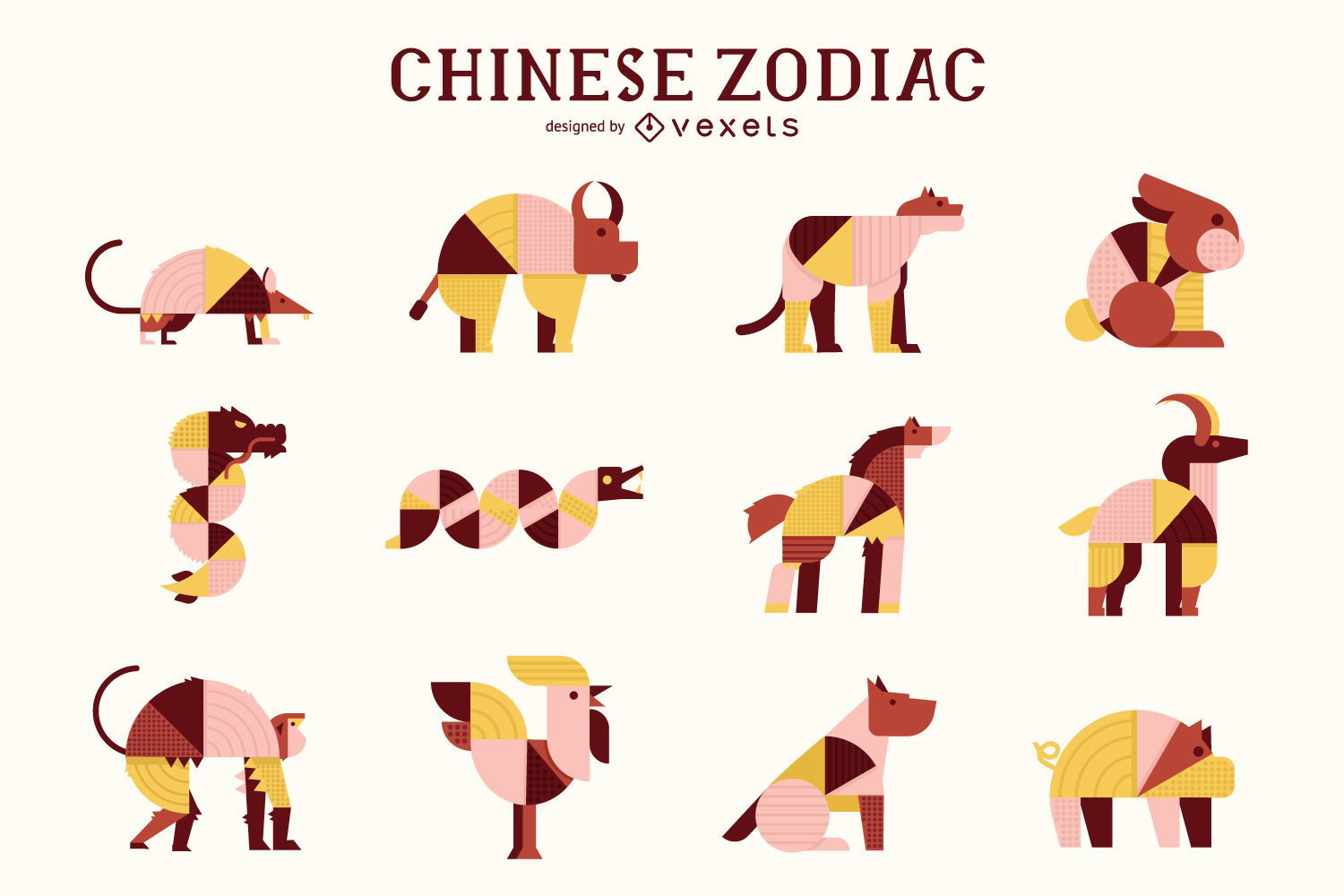 Pacote de animais geométricos do zodíaco chinês