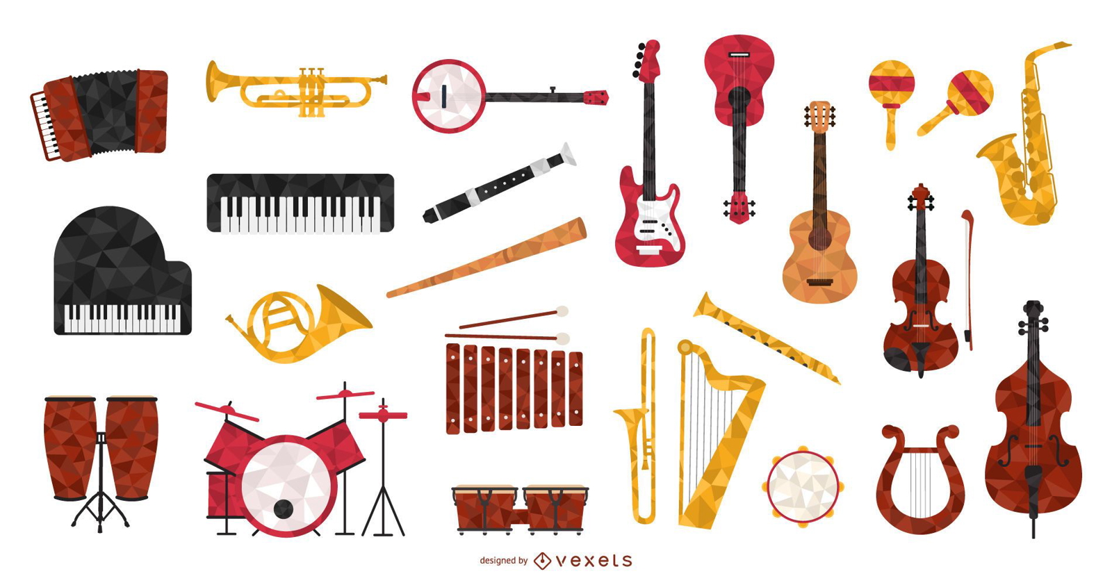 Sammlung von Musikinstrumenten im polygonalen Stil