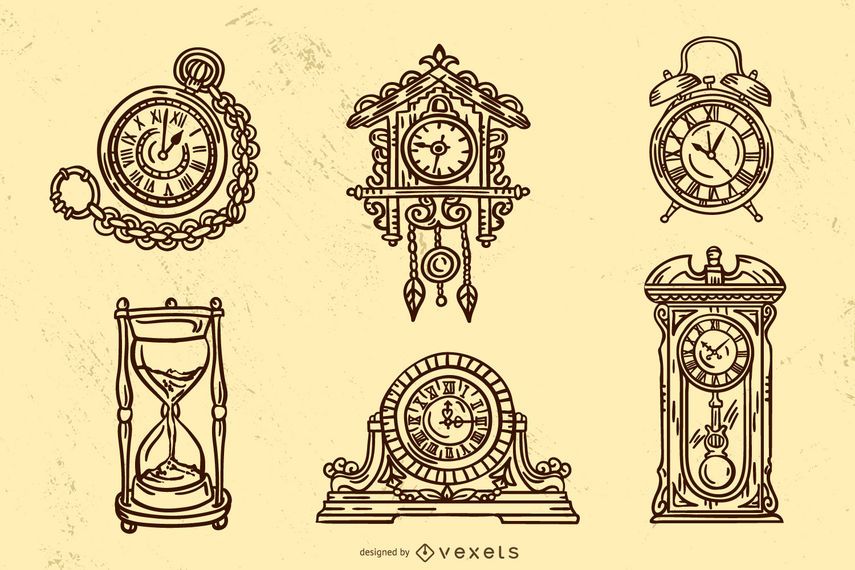 Old Vintage Clock Stroke Design Set Vector Download