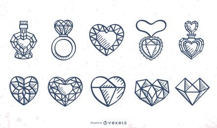 Conjunto de diseño de trazo de corazones facetados
