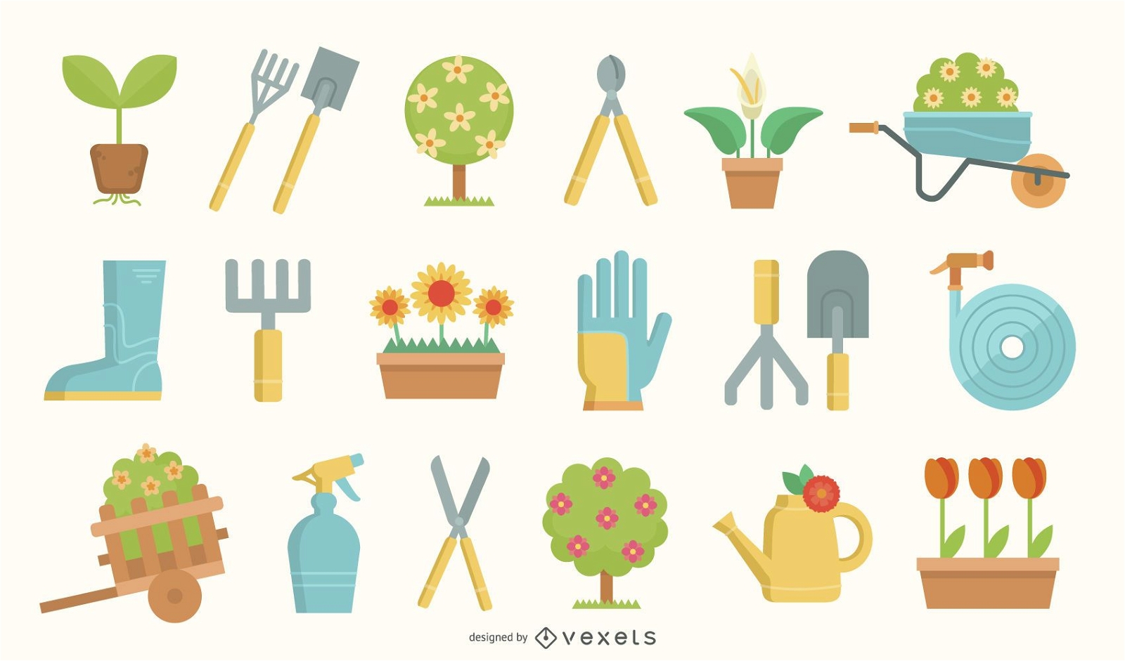 Conjunto de ilustración de elementos de herramientas de jardinería