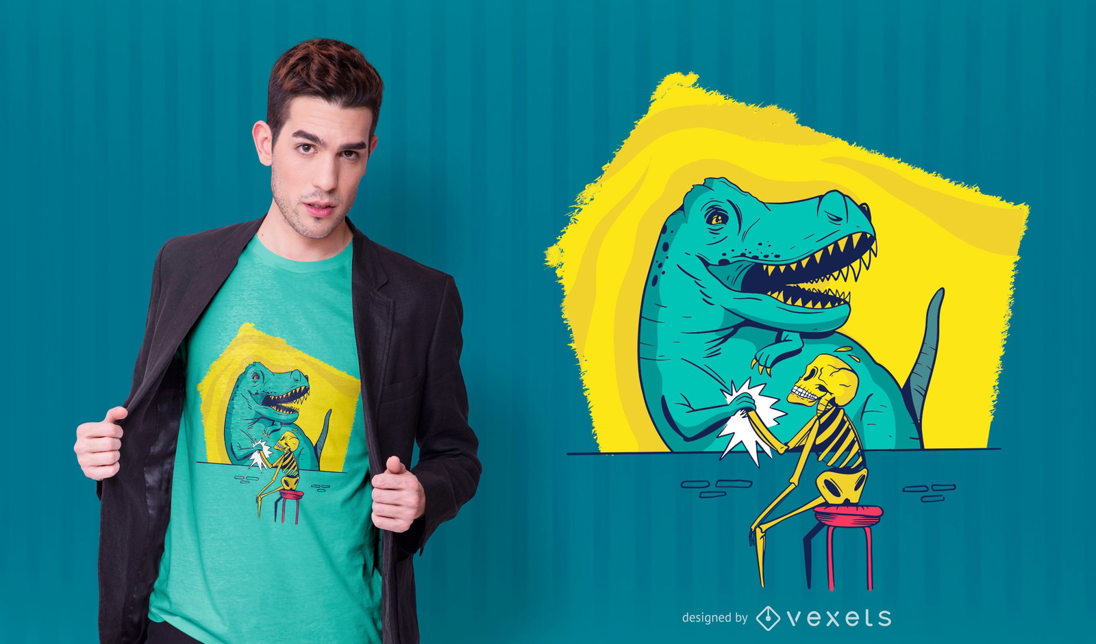 Diseño de camiseta de t-rex y esqueleto.