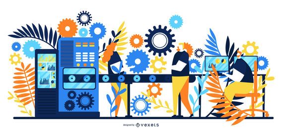Línea de fábrica con ilustración de trabajadores