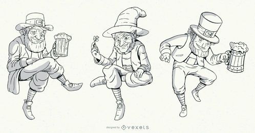 Hand drawn leprechaun characters set