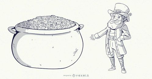 Ilustração de traço de pote de ouro de duende Ilustração de traço de pote de ouro de duende