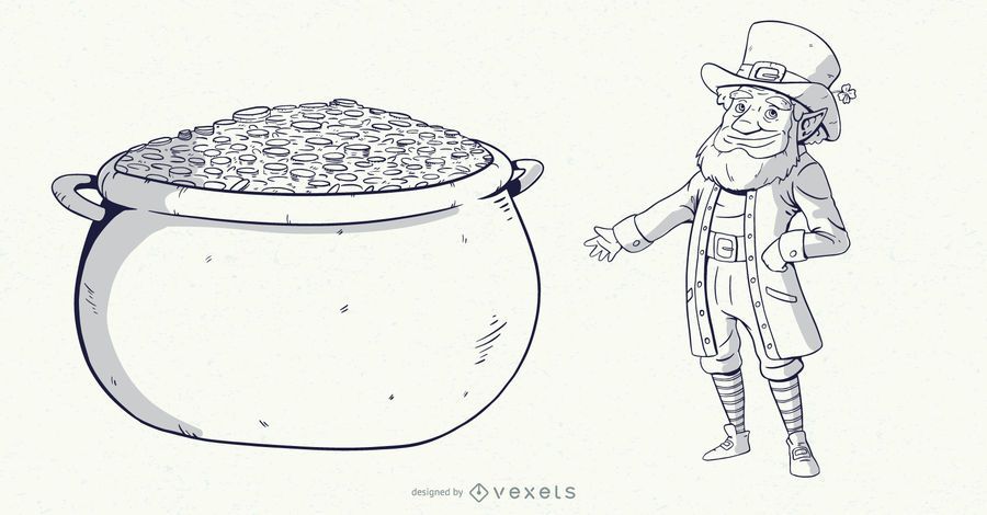 Ilustração de traço de pote de ouro de duende Ilustração de traço de pote de ouro de duende