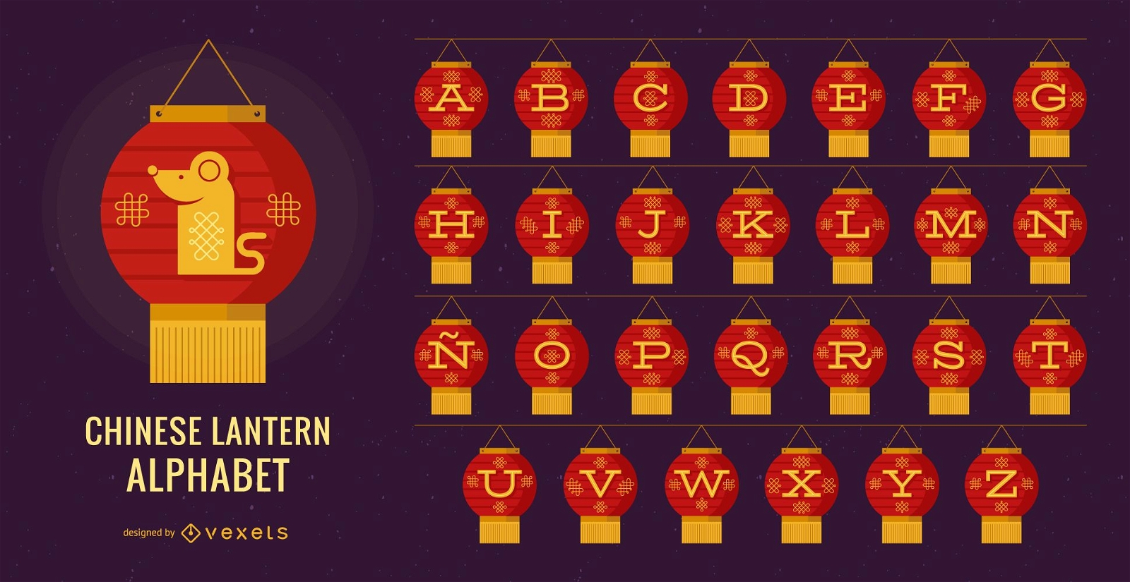 Conjunto de letras do alfabeto de lanterna chinesa
