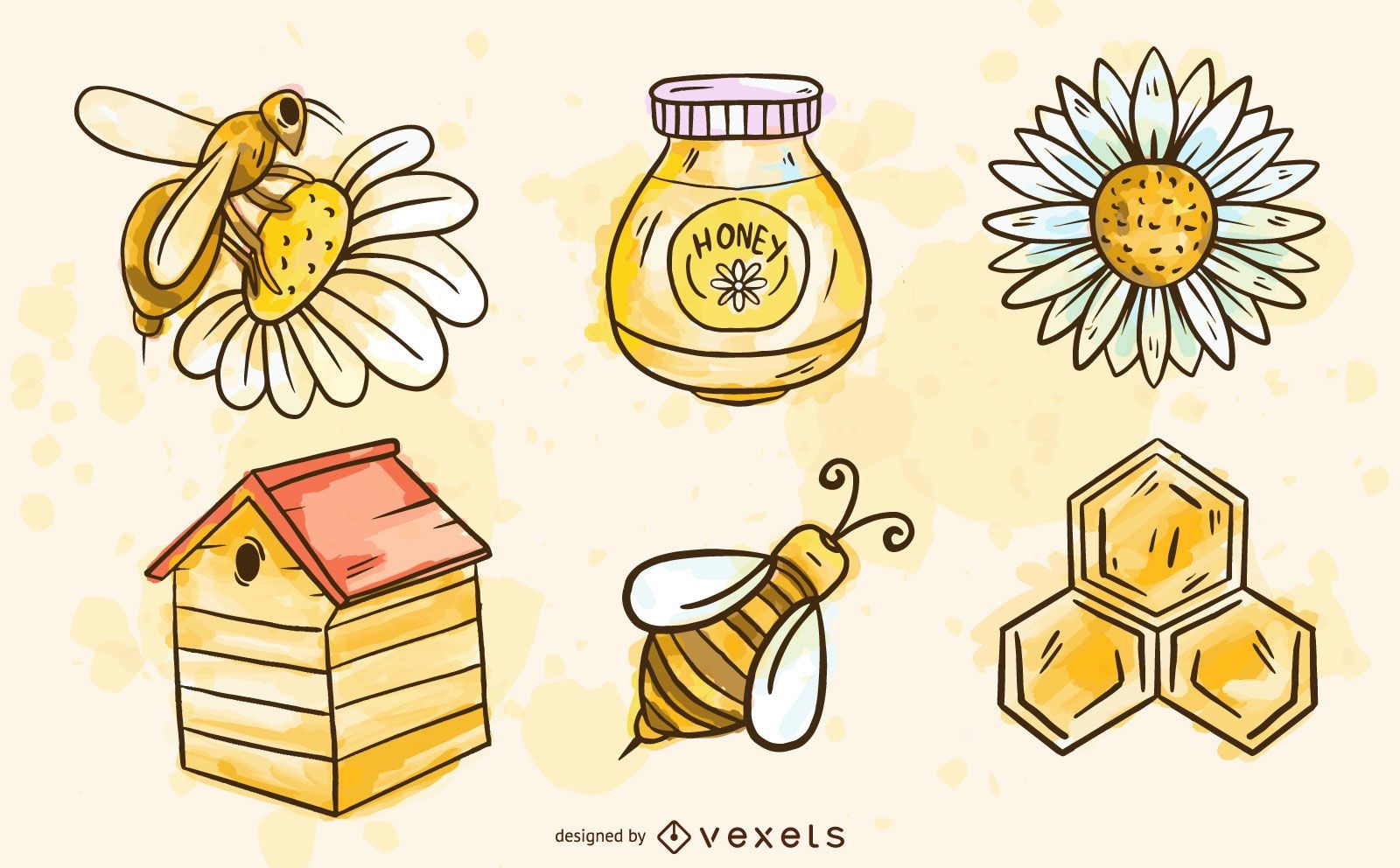 Conjunto de elementos de abelha em aquarela