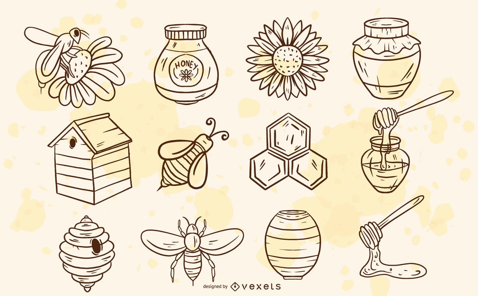 Conjunto de elementos de abeja dibujados a mano