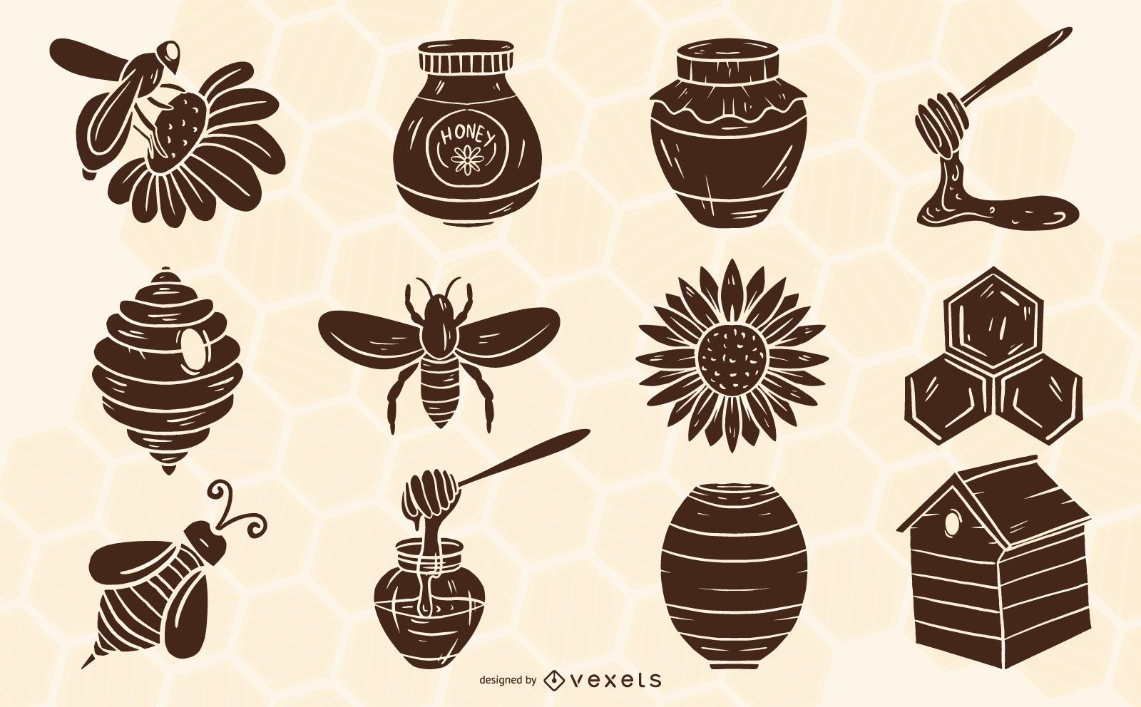 Conjunto de elementos de silhueta de apicultura