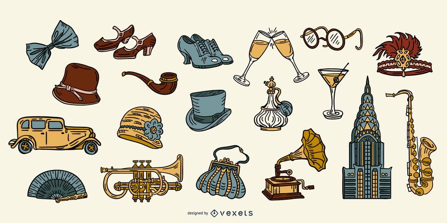 Paquete de elementos de colores vintage de los años 20 Paquete de elementos de colores vintage de los años 20