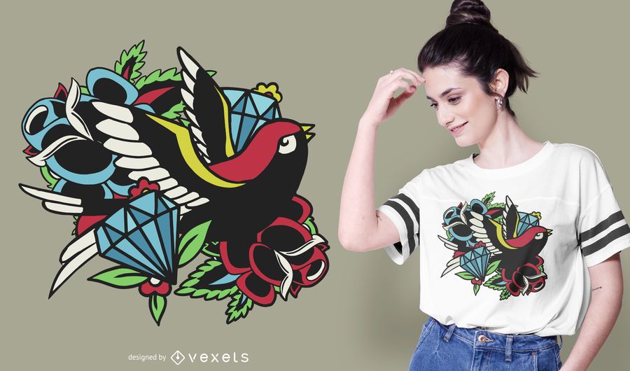 Projeto tradicional do t-shirt do tatuagem do pássaro Projeto tradicional do t-shirt do tatuagem do pássaro
