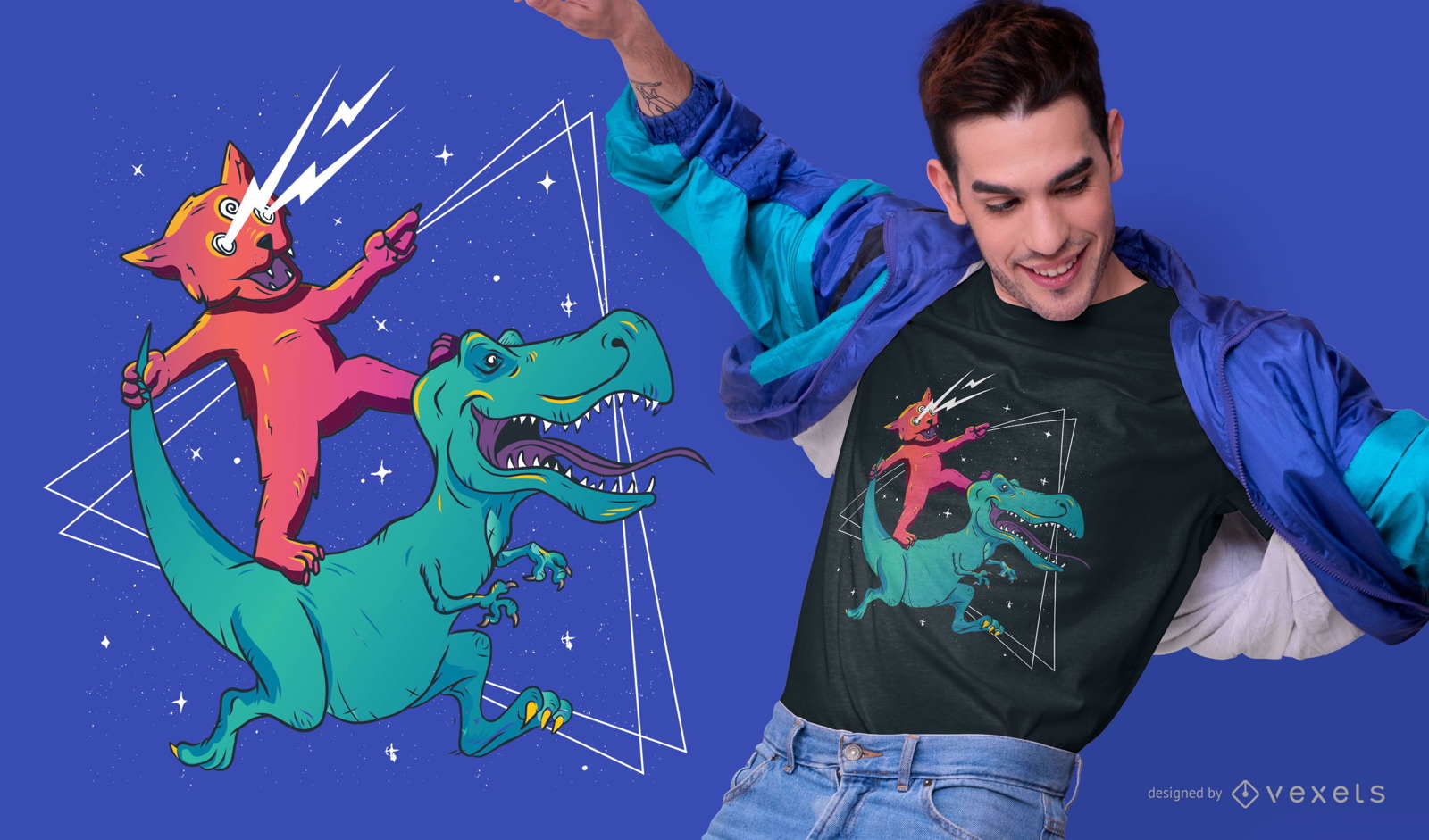 Design de camiseta de dinossauro com gato