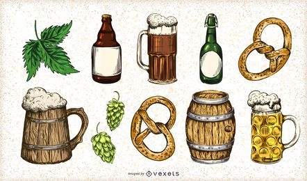 Conjunto de elementos de cerveja desenhada à mão