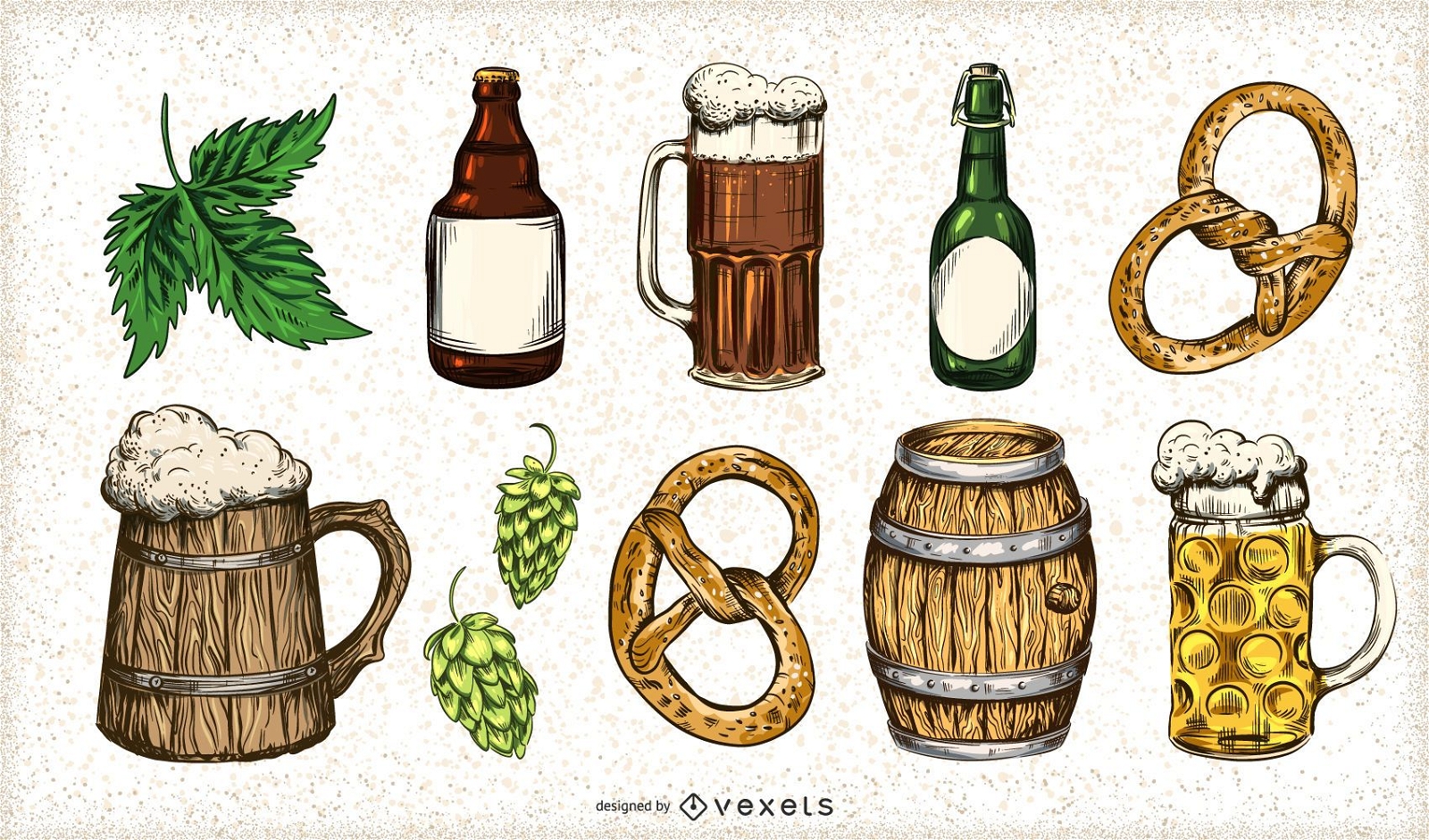Conjunto de elementos de cerveza dibujados a mano