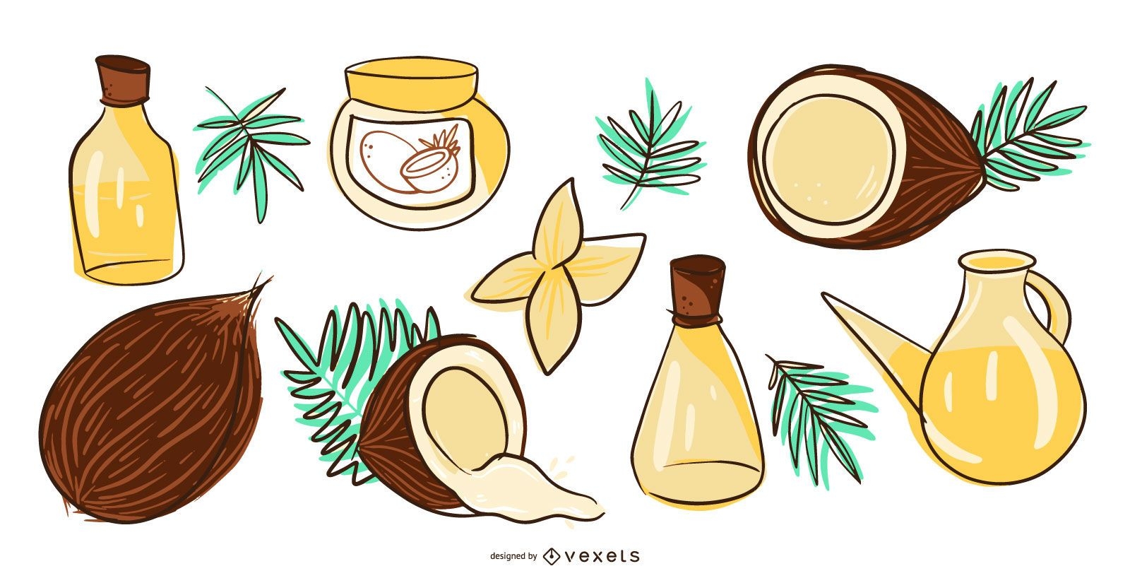 Conjunto de ilustração de produtos de coco