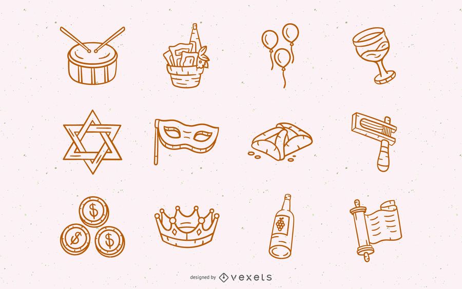 Hand drawn purim elements stroke set Hand drawn purim elements stroke set