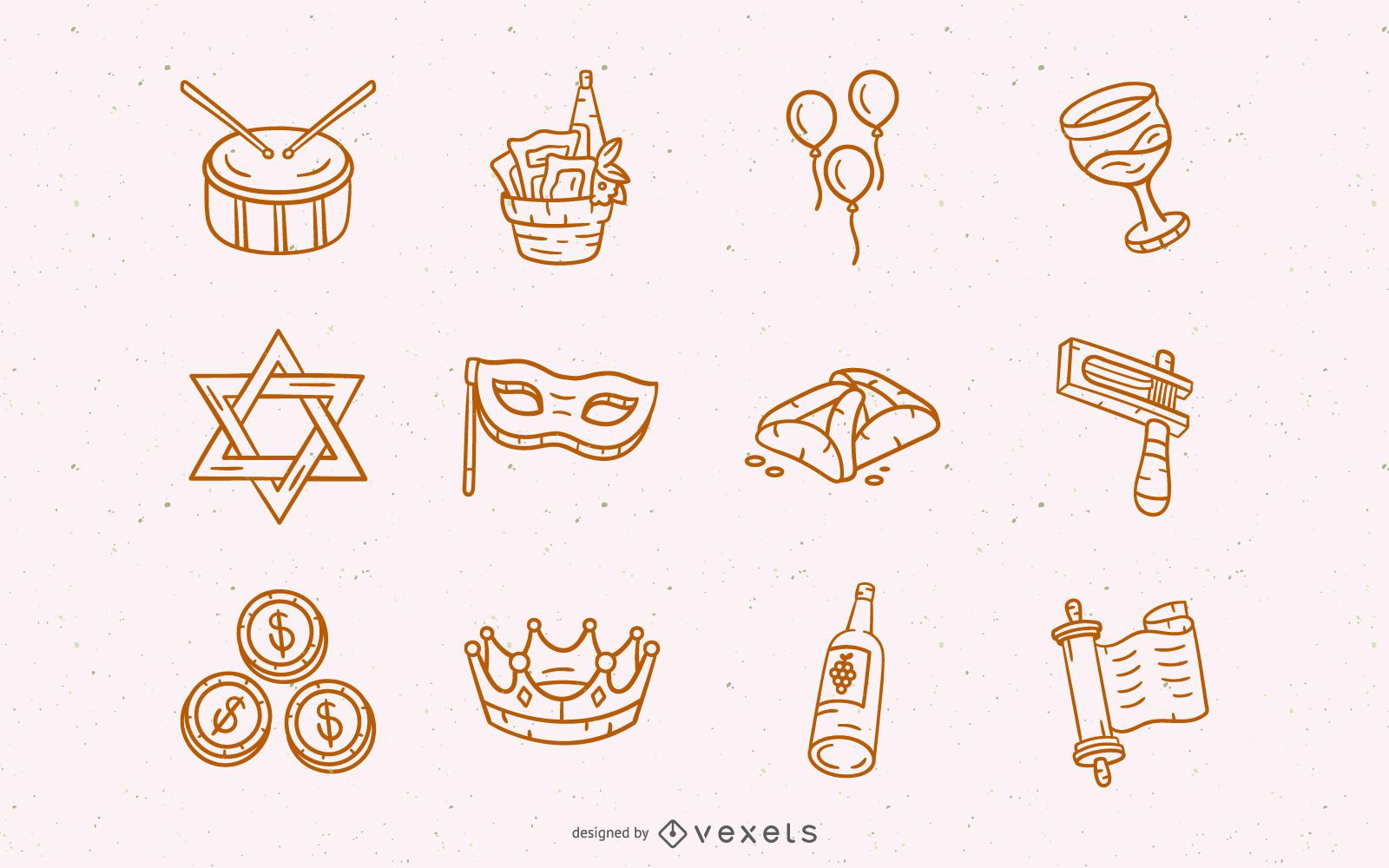 Hand drawn purim elements stroke set