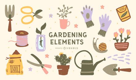 Flache Illustration Gartenelemente Sammlung Flache Illustration Gartenelemente Sammlung