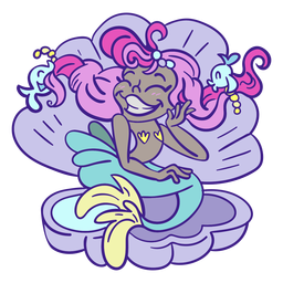 Sirena de pelo rosa feliz sentado concha de mar Diseño PNG