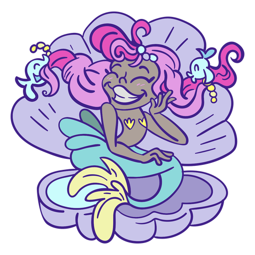 Sereia feliz de cabelo rosa sentada concha do mar