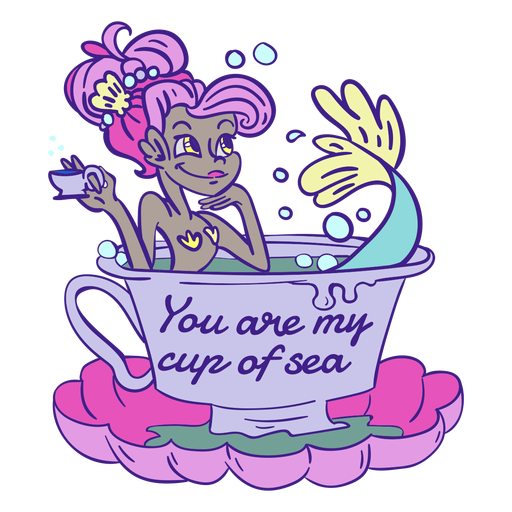 Pink hair mermaid bathing teacup drinking tea PNG Design