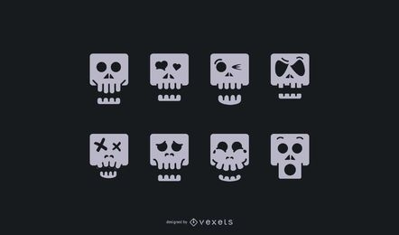 Conjunto de ícones de desenho animado de crânio