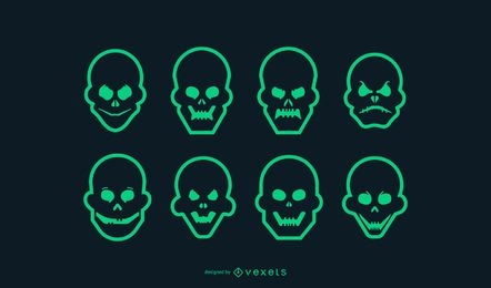 Conjunto de ícones de crânio com traço verde