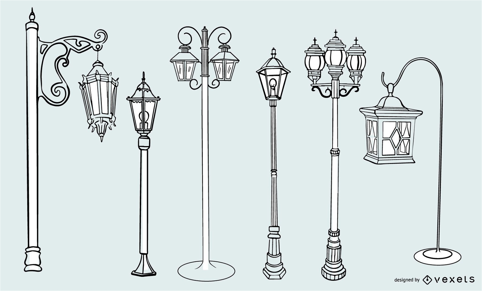 Conjunto de design de traçado de lâmpada de rua vintage antigo