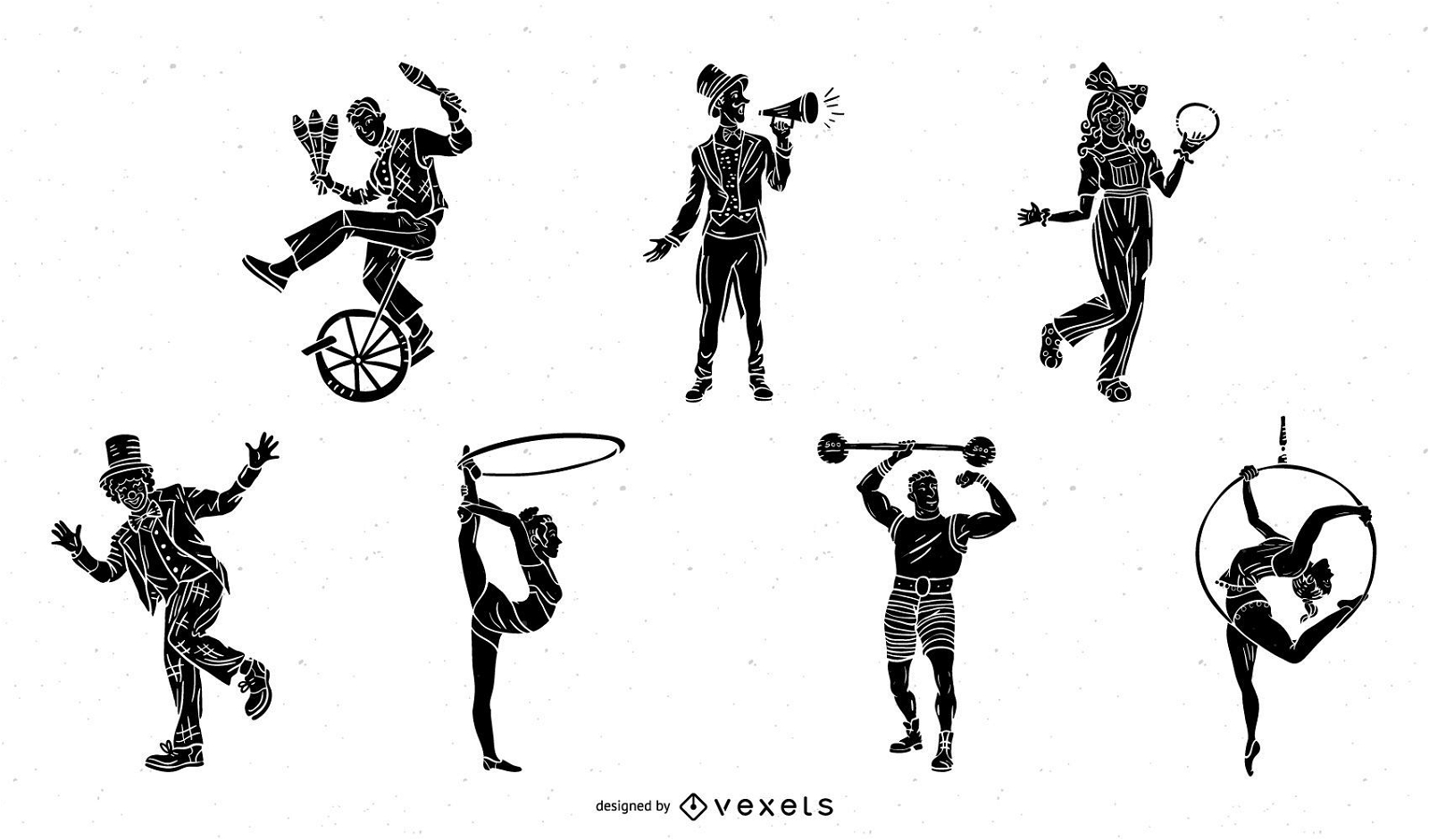 Conjunto de silhuetas de personagens de circo