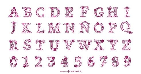 Conjunto de design de alfabeto de letras e números florais